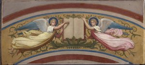 Skitse til Saint-François-Xavier-kirken: Evangeliebogen støttet af to engle, mellem 1874 og 1876 (olie på gouache, akvarel, papir) af Romain Cazes