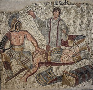 En gladiatorkamp med dommeren af Roman
