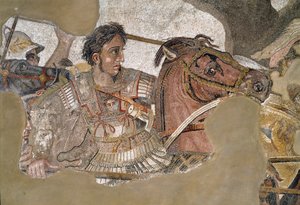 Alexander den Store (356 - 323 f.Kr.) på sin hest Bucephale. Mosaik fra Faunens Hus, Pompeji af Roman