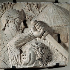Det gamle Roms kunst: Barbar, der kæmper mod en romersk legionær. Lavrelief, begyndelsen af 2. århundrede efter JC. Rom, Trajan-forum. Sol: 0,84x0,88m. Paris, Musée du Louvre af Roman