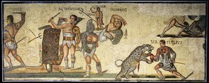 Kamp mellem gladiatorer og vildkatte, 320 AD (mosaik) af Roman