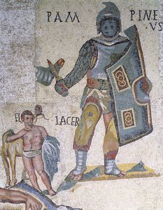 Battle between Gladiators, detalje af en gladiator bevæbnet med en dolk og et skjold, 320 AD (mosaik) af Roman