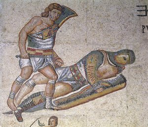 Kamp mellem gladiatorer, detalje af en gladiator, der klemmer en anden til jorden, 320 AD (mosaik) af Roman