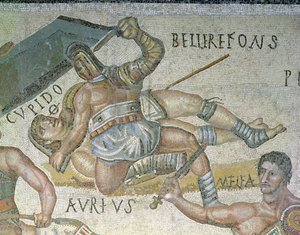 Kamp mellem gladiatorer, detalje af en gladiator, der klemmer en anden til jorden, 320 AD (mosaik) af Roman