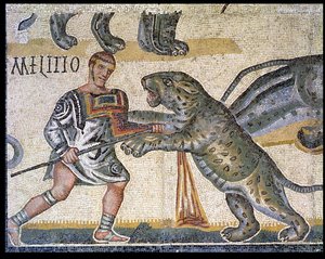 Slaget mellem gladiatorer mod vildkattene, detalje, der viser en gladiator, der løber gennem en vildkat, 320 e.Kr. (mosaik) af Roman