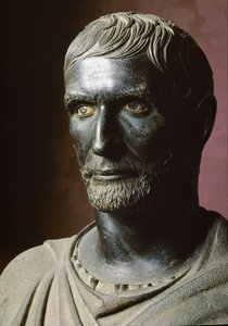 Buste af Brutus (Bruto Capitolino) (Capitolin) - Bronzeskulptur. 300 f.Kr., Dim. 79 cm - Rom, Musei Capitolini, Palazzo dei Conservatori, Sala dei Trionfi - Buste af Lucius Junius Brutus, kendt som Capitoline Brutus - Bronzeskulptur af Roman