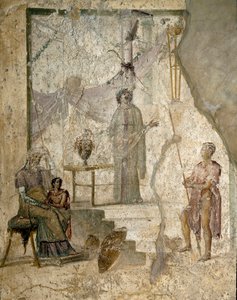 Cassandra profeterer Trojas fald, hendes far Priamos, der sidder til venstre, hendes bror Paris, der holder Discords æble og en kriger læner sit spyd (sandsynligvis Hector) - Fresco af Roman
