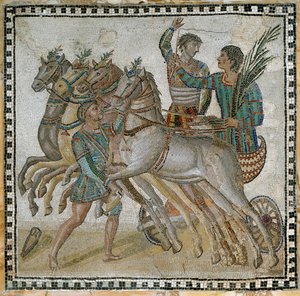 Vogn (quadriga) kapløb med vognførerne i startposition og en brudgom nær den hvide hest (i forgrunden) - Mosaik, 3. århundrede af Roman