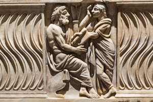 Dekoration på en sarkofag, billede af en filosof og muse (marmor) af Roman