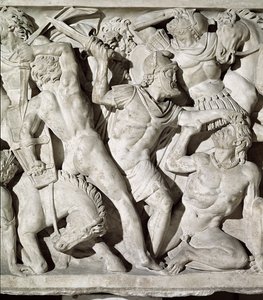 Detalje af en sarkofag, der skildrer en kamp mellem romerne og galaterne sten
