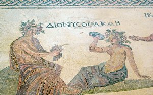Dionysos rådgiver nymfen Akme, House of Dionysos, Paphos, Cypern (mosaik) af Roman