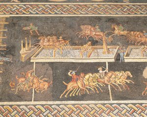 Frankrig, Lyon, Mosaikværk, der viser cirkusets lege, Quadriga-løb af Roman