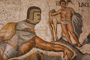 Gladiator kampe. 320-330, mosaik af Roman