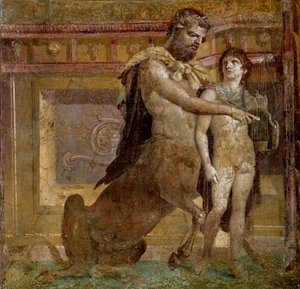 Græsk mytologi: kentauren Chiron og Achilles-barnet. Fresko fra Basilica of Herculanum (Basilica di Ercolano). Romersk kunst Napoli, Museo Archeologico Nazionale - græsk mytologi: kentauren Chiron og Achilles-barnet eller Achilleus
