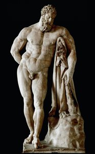 Hercules Farnese Kolossal skulptur af glykonmarmor fra de termiske bade i Caracalla i Rom fra en græsk original af Lysipus af Sicyone, Dim. 3,17 m, 3. århundrede efter JC - Napoli Arkæologiske Museum - Farnese Hercules - Marmorskulptur (H.31) af Roman