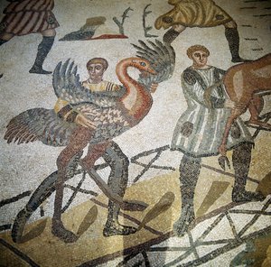 Jæger læsser struds på et skib, detalje fra gulvet i Den Store Jagt, Villa Romana del Casale Piazza Armerina, Sicilien (mosaik) af Roman