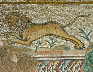 Jagtscene, detalje af en løve, House of Dionysos, Paphos, Cypern mosaik af Roman