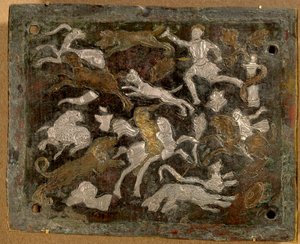 Indlagt plade: bronze jagtscener og sølv- og kobberindlæg lavet 350-400 e.Kr., det gamle Rom. fra Italien. Romerriget. Paris, Musée du Louvre af Roman