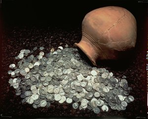 Krukke som indeholdt en skat af romerske sølvmønter, fra Falkirk, midten af det 3. århundrede e.Kr af Roman