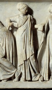La muse Calliope, detalje af Sarcophagus des Muses: repræsentation af musernes deesses af kunst og bogstaver. Marmor skulptur. 150 e.Kr. Paris, Louvre-museet. af Roman