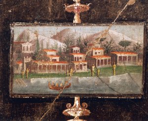 Landskab og arkitektur i vægmaleri i tablinum, House of Marco Lucrezio Fronto, Pompeji, Campania, romersk civilisation af Roman