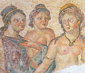Leda og hendes stuepiger, detalje fra Leda og Zeus mosaik, House of Aion, Paphos, Cypern (mosaik) af Roman