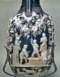 Lille amfora kaldet blå vase, der viser eros i gang med druehøst af Roman