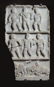 Marmorrelief med 3 registre: slaver i lænker og dyr, ca. 200 e.Kr. (marmor) af Roman