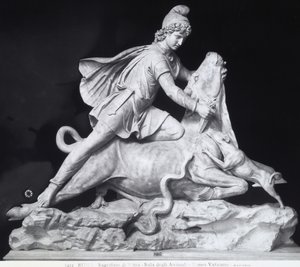 Mithras dræber tyren, repræsentationen af den Mithraiske kult (marmor) af Roman