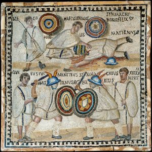 Mosaik, der skildrer kampen mellem to equites ved navn Simmachius og Maternus, romersk, 3. århundrede e.Kr. af Roman