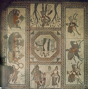 Mosaikbelægning fra den romerske villa ved Low Ham, der illustrerer historien om Dido og Aeneas fra Virgils Æneid, ca. 350 e.Kr. (mosaik) af Roman