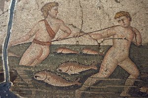 Nøgne fiskere fra mosaikken Thalassa te Sea, fra Harbiye, Hatay (mosaik) af Roman