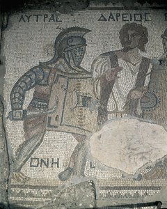 Maleri af to gladiatorer på en mosaikvæg, Kourion, Limassol, Cypern af Roman