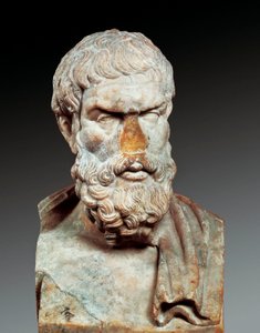Portræt af Epikur (341-cirka 270 f.Kr.), græsk filosof, ca. 100-150 e.Kr. (marmorbuste) af Roman