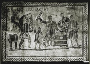 ROMERSK KUNST: Måling af korn (majs). Det korn, som Gaius Gracchus ..., 2. århundrede e.Kr (mosaik) af Roman