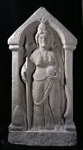 Reliefskulptur, der forestiller Brigantia, en nordbritisk indfødt gudinde, som en romersk gudinde, fra Birrens, Middlebie, Dumfriesshire (sten) af Roman