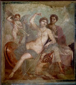 Repræsentation af Ares og Afrodite, ledsaget af elsker at lege med gudens våben. Fresko fra Villa de Mars og Venus i Pompei. 1. århundrede e.Kr. Arkæologisk museum i Napoli - romersk kunst: Ares, Afrodite og Eros. Afrodite (Venus) recl af Roman