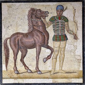 Repræsentation af de fire fraktioner af det romerske cirkus: De Grønne (factio prasina). Fraktionerne var klubber involveret i cirkuskonkurrencer i det øvre imperium (1. århundrede e.Kr.) og karakteriseret ved en farve. Mosaik, Rom Museo nazionale Romano. af Roman