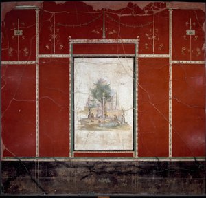 Romersk kunst: "" Bukolisk landskab og hellig "" Fresco tilskrevet mesteren af ​​Amando. fra Boscotrecase, Agrippa Postumo villa. 1. århundrede. Mål 153x98 cm Napoli, Nationalt Arkæologisk Museum af Roman