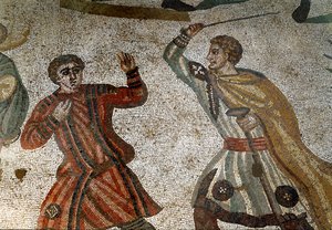 Romersk kunst: Detalje af mosaikken "" Den store jagt"" En romersk aristokrat straffer en af sine slaver med en pind. 315-350 e.Kr. Piazza Armerina, Villa Romana del Casale af Roman