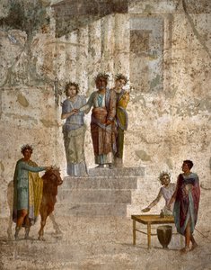 Romersk kunst: "" Jason vendt mod sin onkel Pelias"" romersk freskomaleri af den 3. pompeianske stil fra stedet for Pompei. 40-60 e.Kr. Napoli (fresko) af Roman
