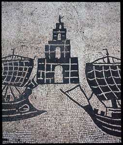 Romersk kunst: "" Fyrtårn og skibe"" Mosaik af Corporation des gens de la mer, Place des Corporations af Roman
