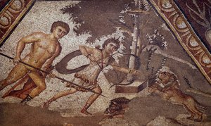 Romersk kunst: Mosaik af årstiderne fra gården til den konstantinske villa "" Daphne"" repræsenterende to jægere. Detalje. Fra Faubourg i Antioche-sur-l