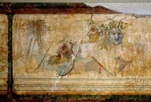 Romersk kunst: "" Stilleben med teatermasker "" Detalje. Fresko omkring 25-19 f.Kr. Dim. 23 cm Rom, National Roman Museum (eller Terme) af Roman