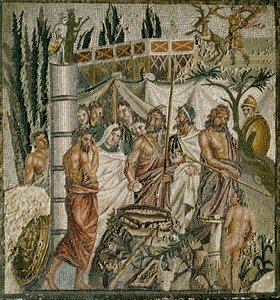 Romersk kunst: "" The Sacrifice of Iphigenie "" Kong Agamemnon ofrer sin datter for at dæmpe Artemis (Dianas) vrede. Mosaik fra det 1. århundrede f.Kr. Museum of Ampurias (Empurias), Spanien af Roman