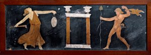 Roman kunst: “” Dansen fra en menade og en satyre i nærheden af et lille tempel ”” ”Marquetry fra Pompeji. Svag. 23x67 cm Museo Archeologico Nazionale, Napoli af Roman