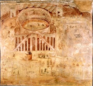 Romersk kunst: "" Voldelig kamp mellem indbyggerne i Nocera og pompeierne i amfiteatret i Pompei i 59 e.Kr."" Detalje af en fresco. 1. århundrede e.Kr. Fra Pompei-stedet. Napoli, Museo Archeologico Nazionale af Roman