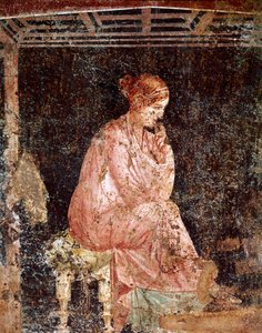Romersk kunst: "" Ung kvinde sidder"" (Siddende ung dame) Romersk freskomaleri af 3. Pompei-stil fra Pompei (Fresco fra Pompeji) 40-60 e.Kr. af Roman