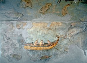Romersk kunst: "" fiskere på en båd""" Fresko fra et hus beliggende nær en flodhavn i Rom. 131 e.Kr. Rom, Museo Nazionale Romano (o delle Terme) af Roman