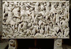 Romersk kunst: sarkofag Ludovisi med kampscene mod romerne til barbarerne - 3. århundrede e.Kr., Dim. 153x273 cm - Rom, Museo Nazionale Romano - Ostiliano, søn af kejser Decius (201-51 e.Kr.) omgivet af kavaleri, fra slaget mellem romerne og af Roman